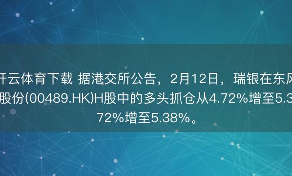 开云体育下载 据港交所公告，2月12日，瑞银在东风集团股份(00489.HK)H股中的多头抓仓从4.72%增至5.38%。